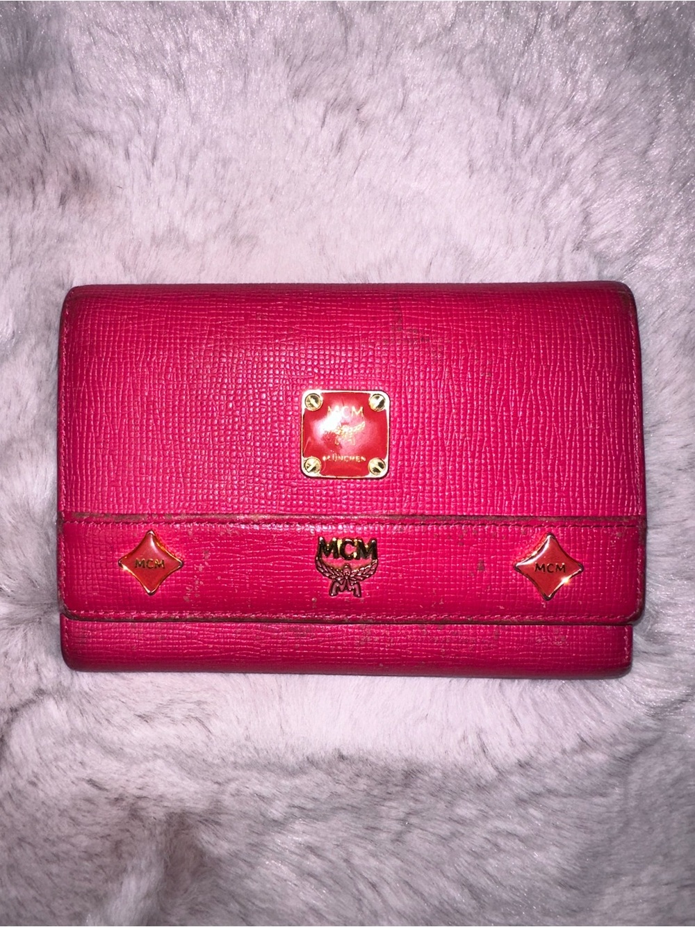 💖 MCM Pink Leather Studded Trifold Wallet w/ Coin Pocket